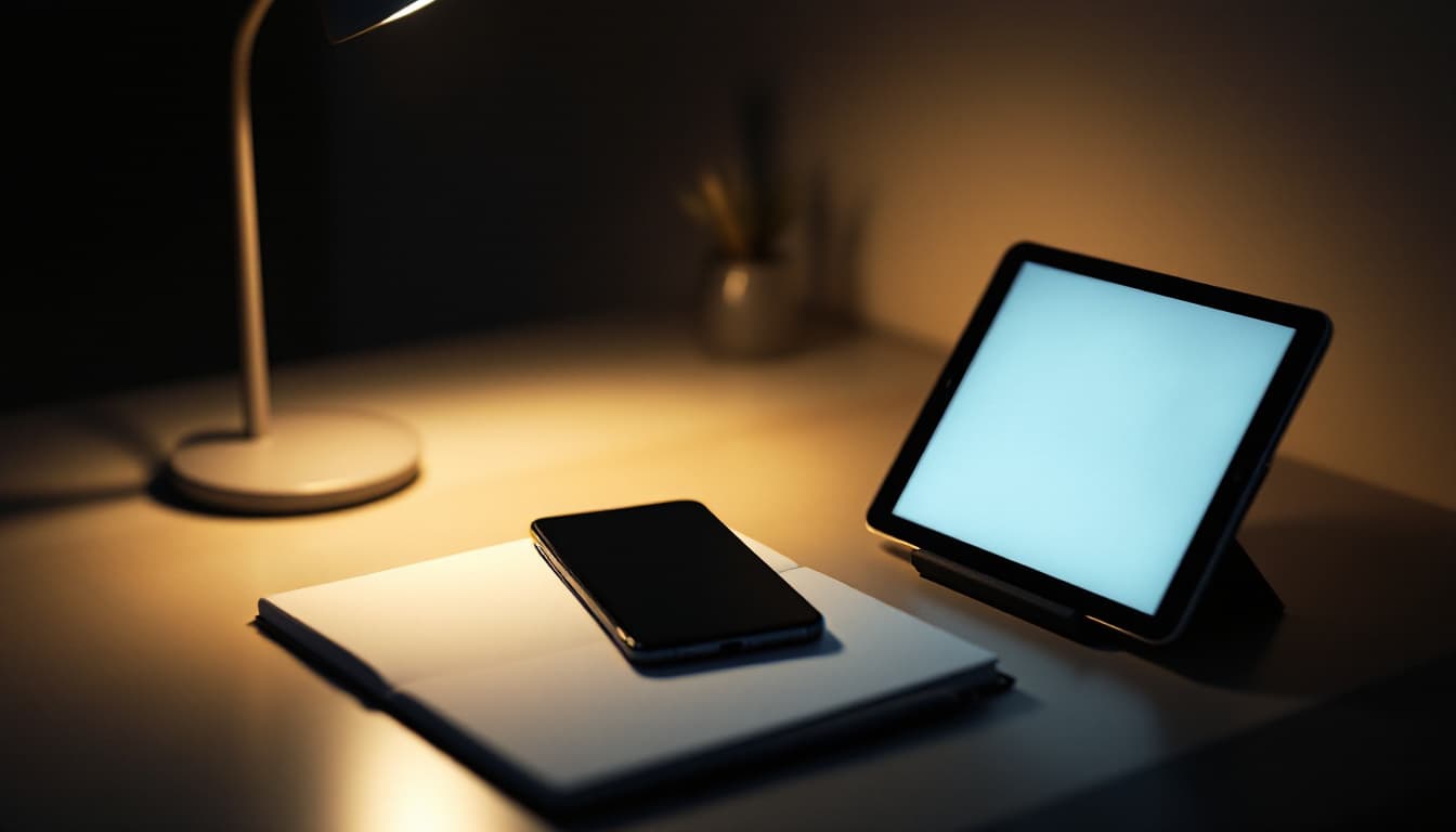 A dark minimal desk lit by a single lamp with a closed notebook, a phone face down, and a softly glowing tablet on a stand