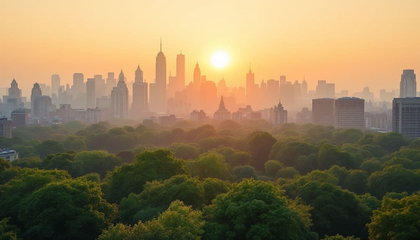 Treetops of a large city park in front of a hazy skyline of high-rise towers at sunrise