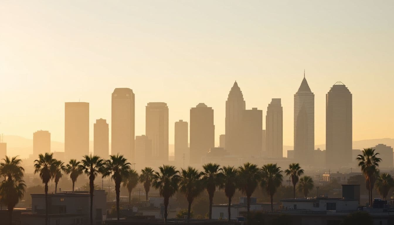 Tall palm trees in front of a cluster of downtown high-rise towers in golden-hour haze
