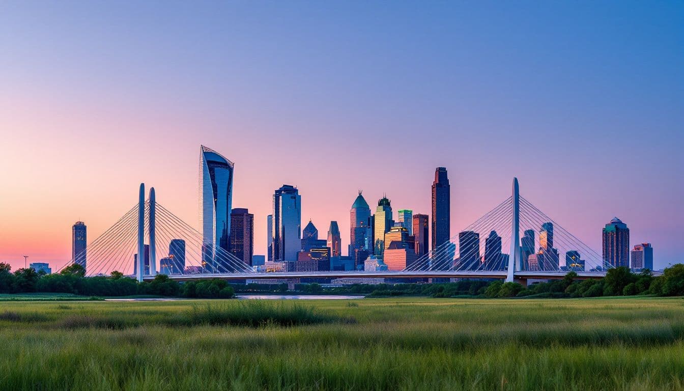 A city skyline at dusk beyond a grassy river floodplain and a white cable-stayed bridge