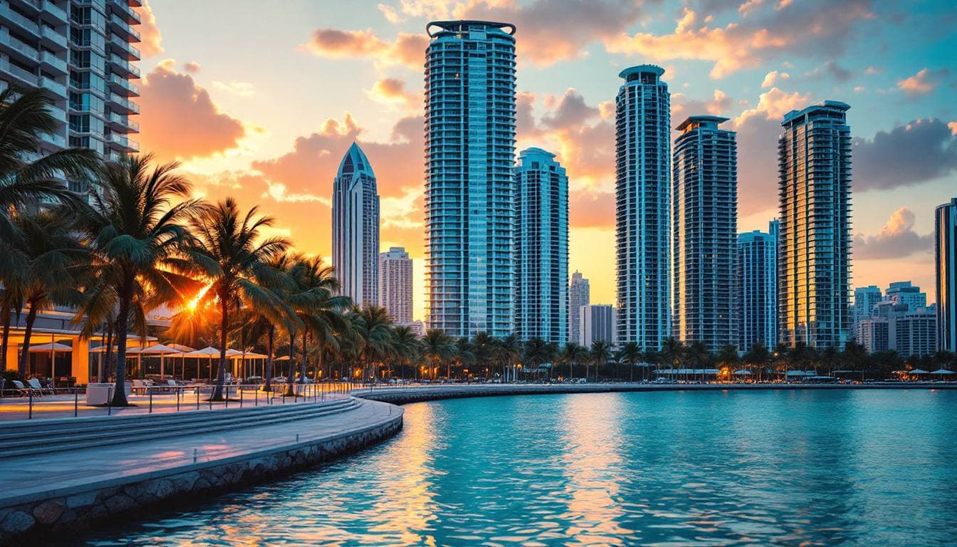 High-rise towers along a bay at sunset with a palm-lined waterfront promenade