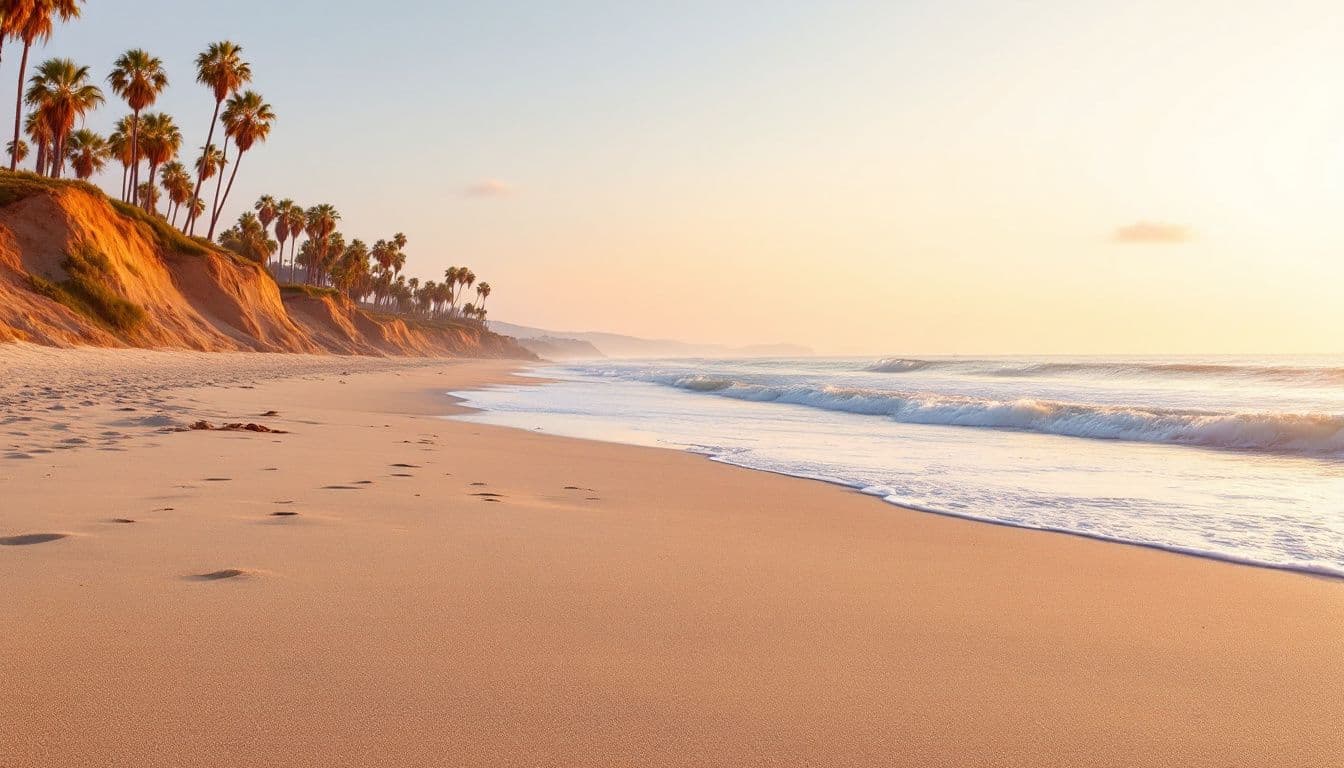 A wide sandy beach below a palm-lined bluff at sunset