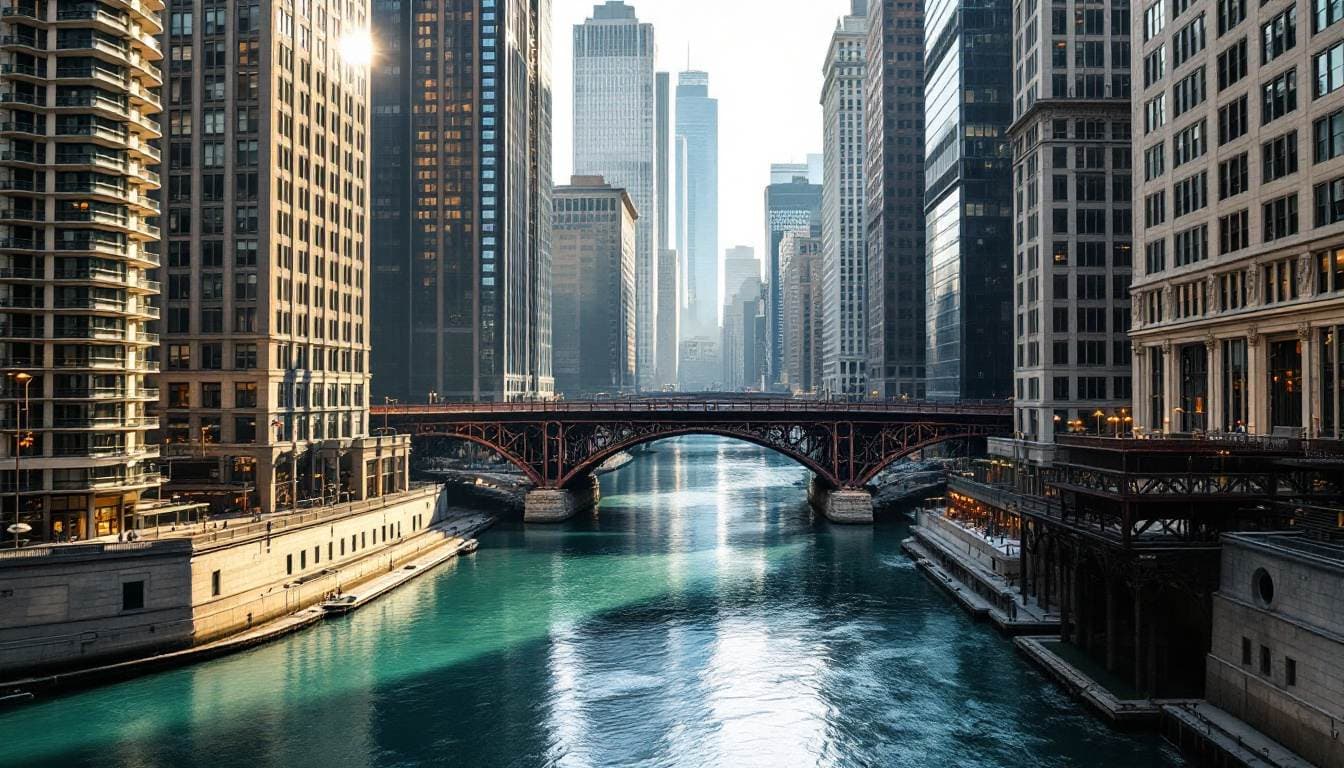 A green river between tall downtown towers under an arched steel bridge in early light