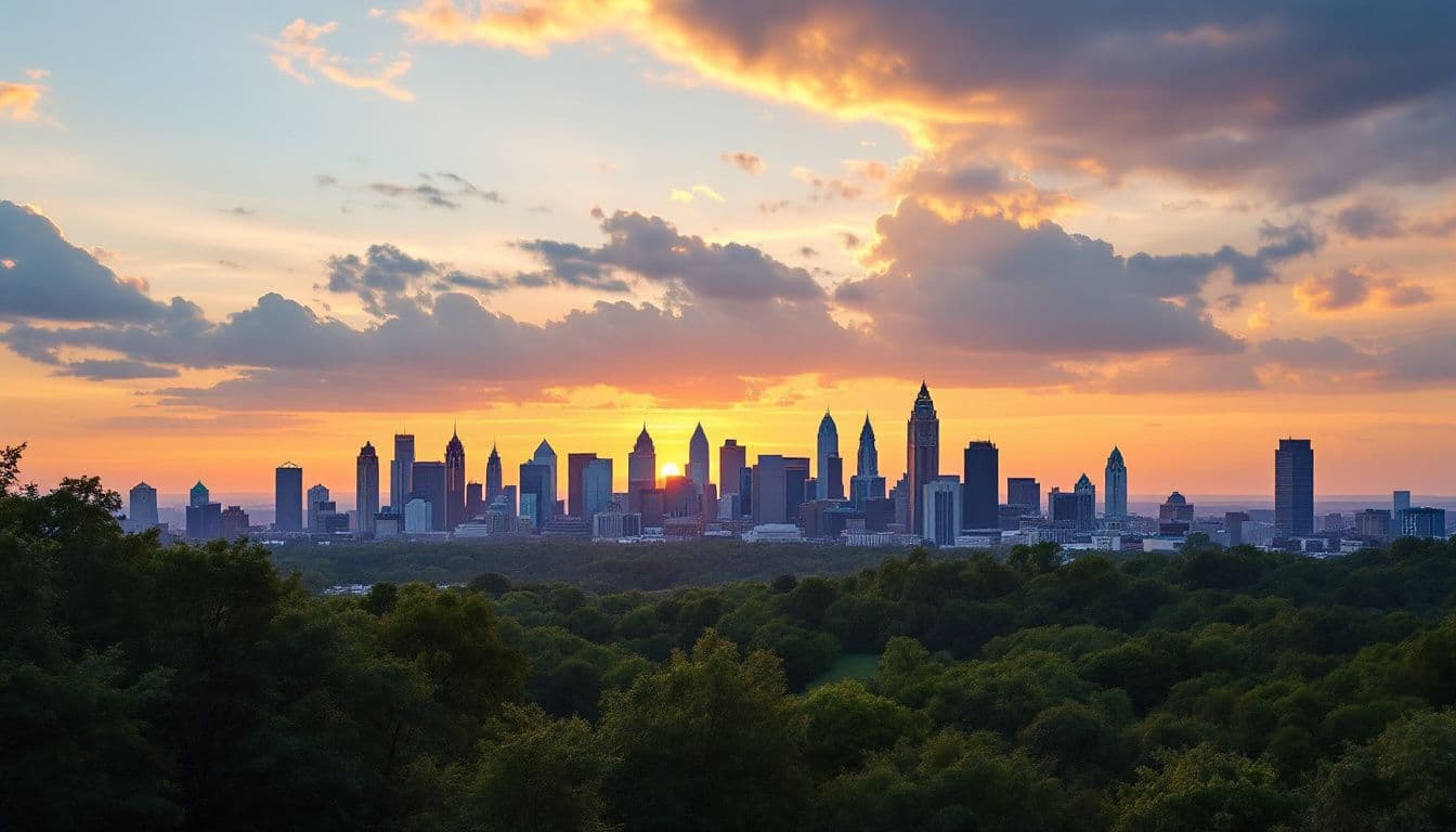 A downtown skyline rising above a dense green tree canopy at sunset