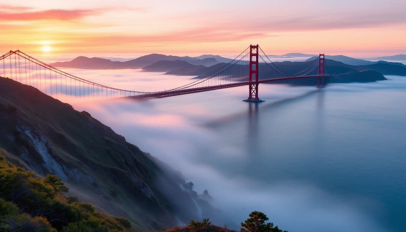A red-orange suspension bridge over a strait at sunrise with fog over green headlands