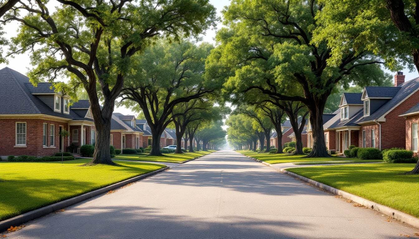A quiet suburban street of brick houses and live oak trees on a summer morning
