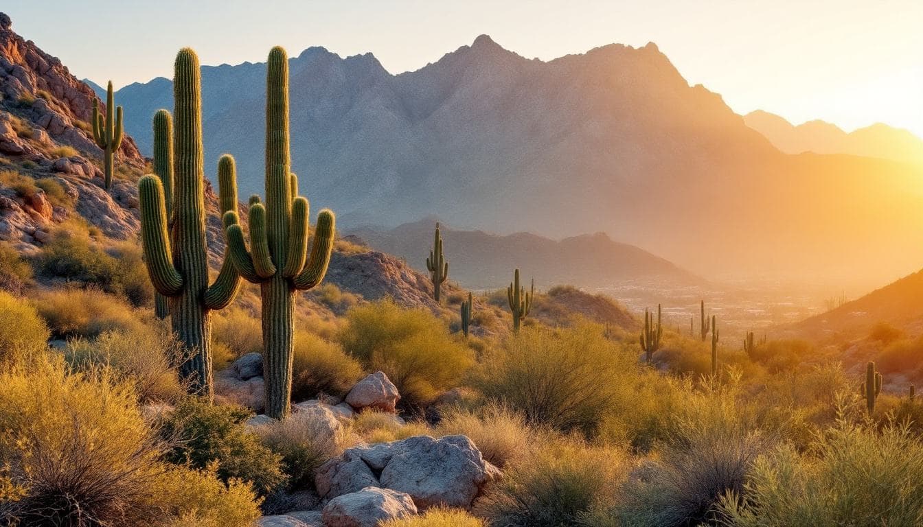 Saguaro cacti in rocky desert foothills with rugged mountains behind at sunrise