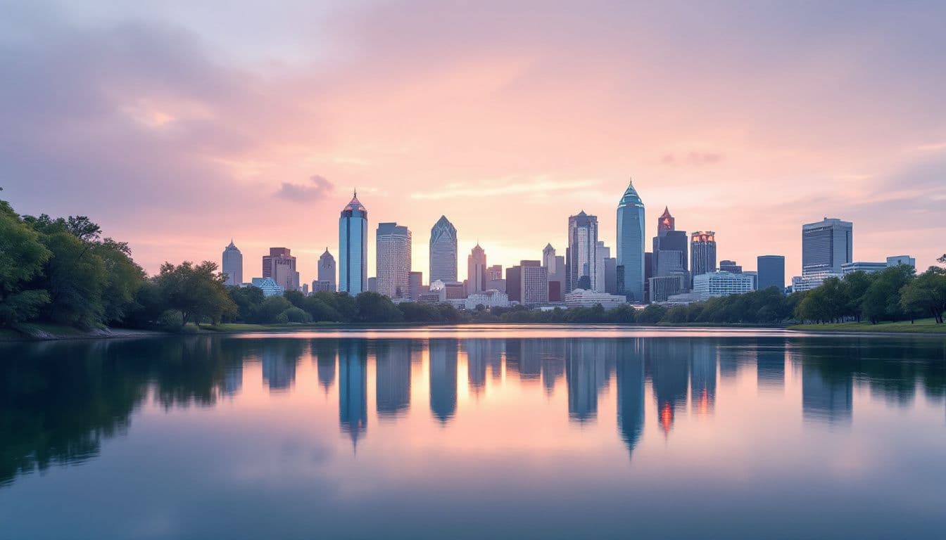 A downtown skyline across a calm lake at sunrise with trees along the shore