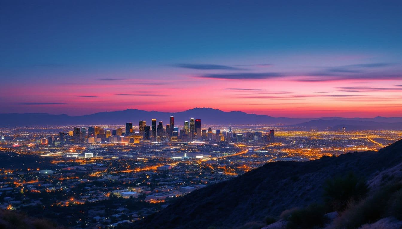 A downtown skyline at dusk seen from a desert mountain trail