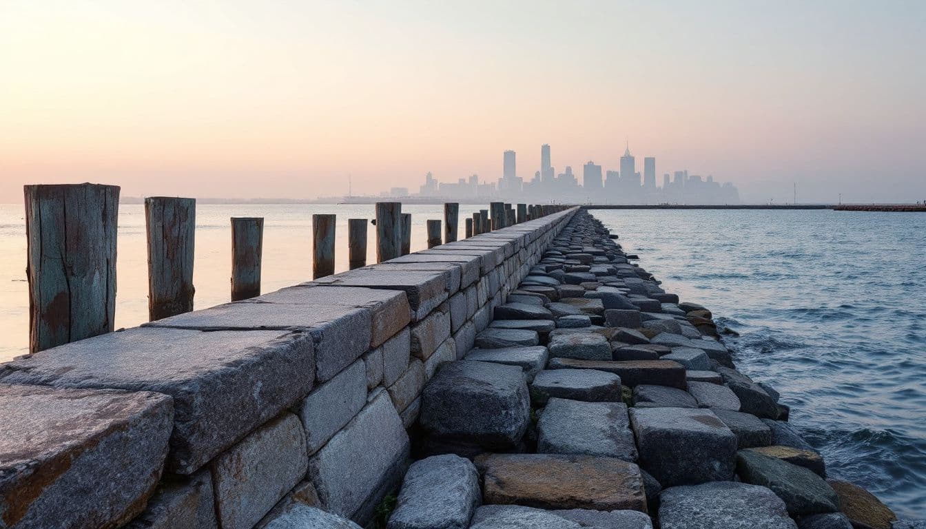 An old granite seawall and wooden pilings on a calm harbor at sunrise with towers in the distance