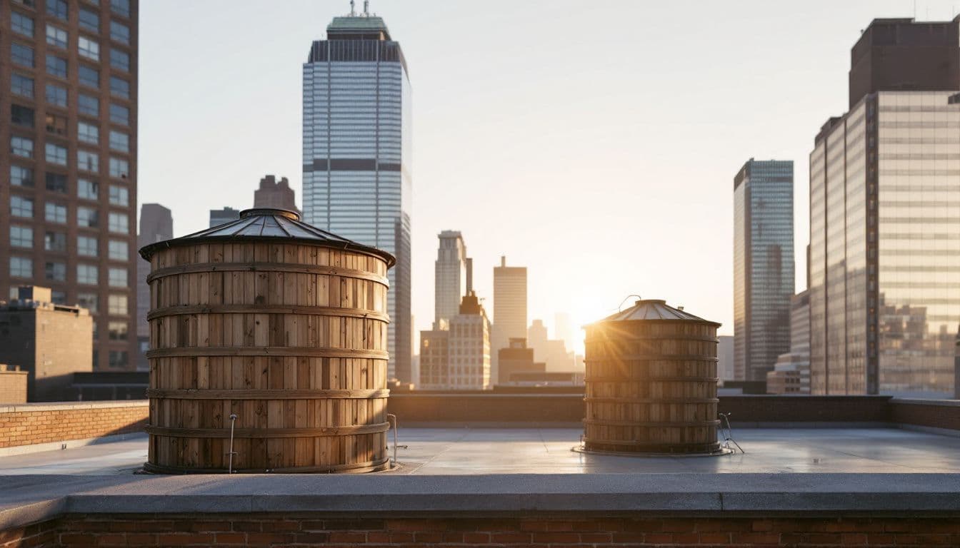 Two wooden water towers on a city rooftop with glass towers behind them in early morning sun