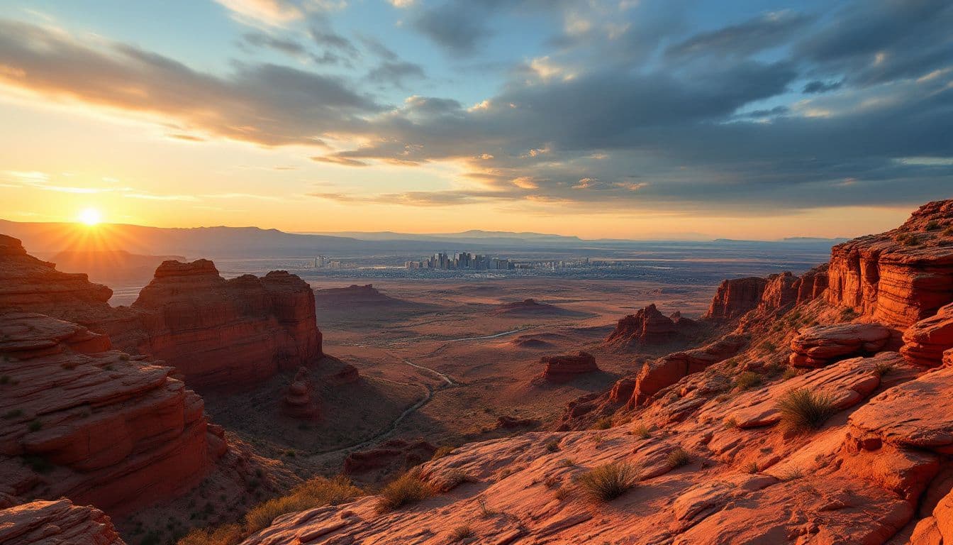Red sandstone cliffs at sunset above a wide desert valley with a city far below