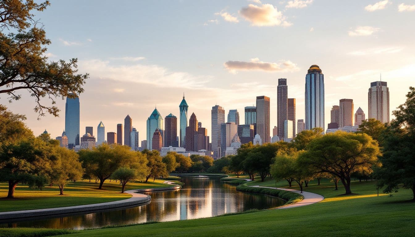 A downtown skyline beyond a park with a pond, trees and a curving footpath at golden hour