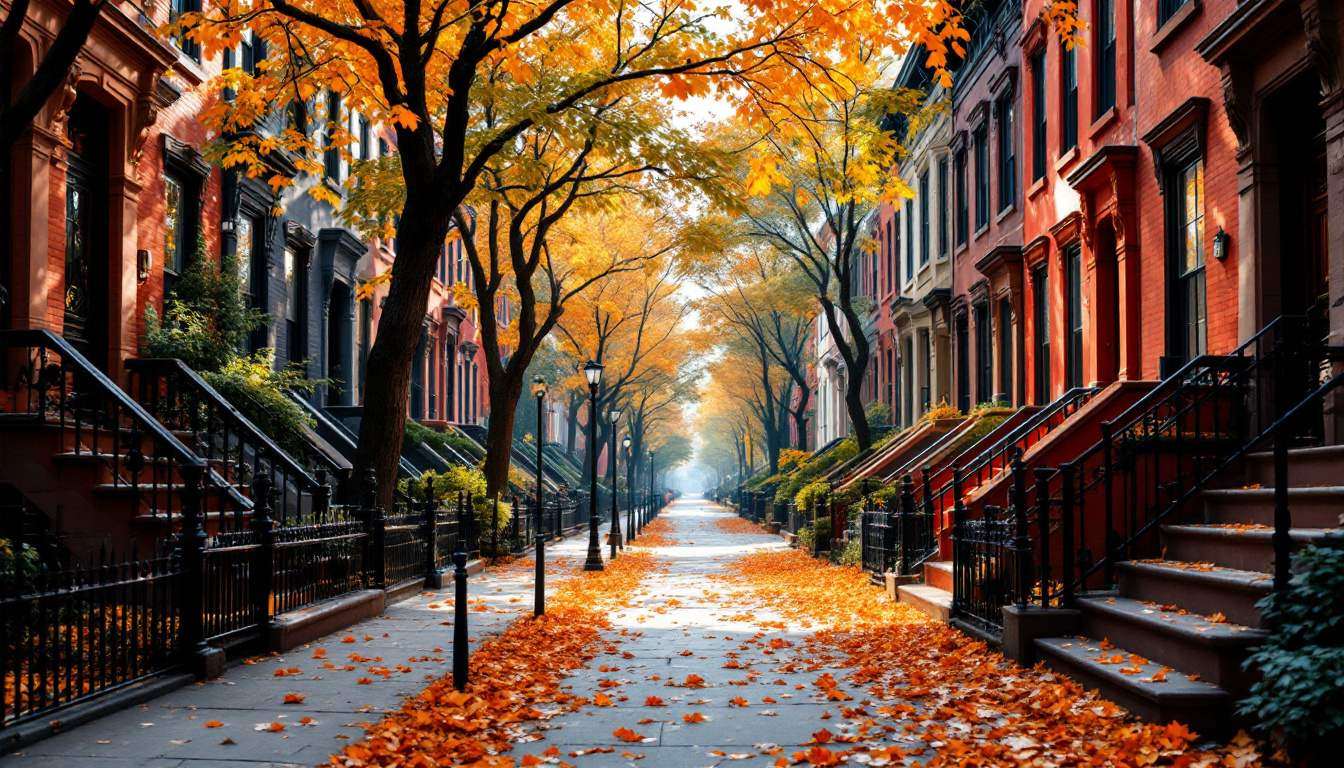 A tree-lined street of brownstone row houses with stone stoops in autumn