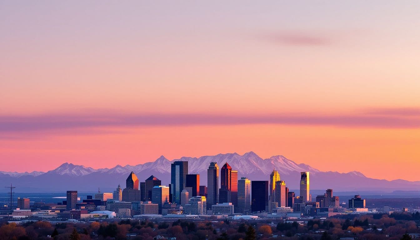 A city skyline at sunset with snow-capped mountains behind it
