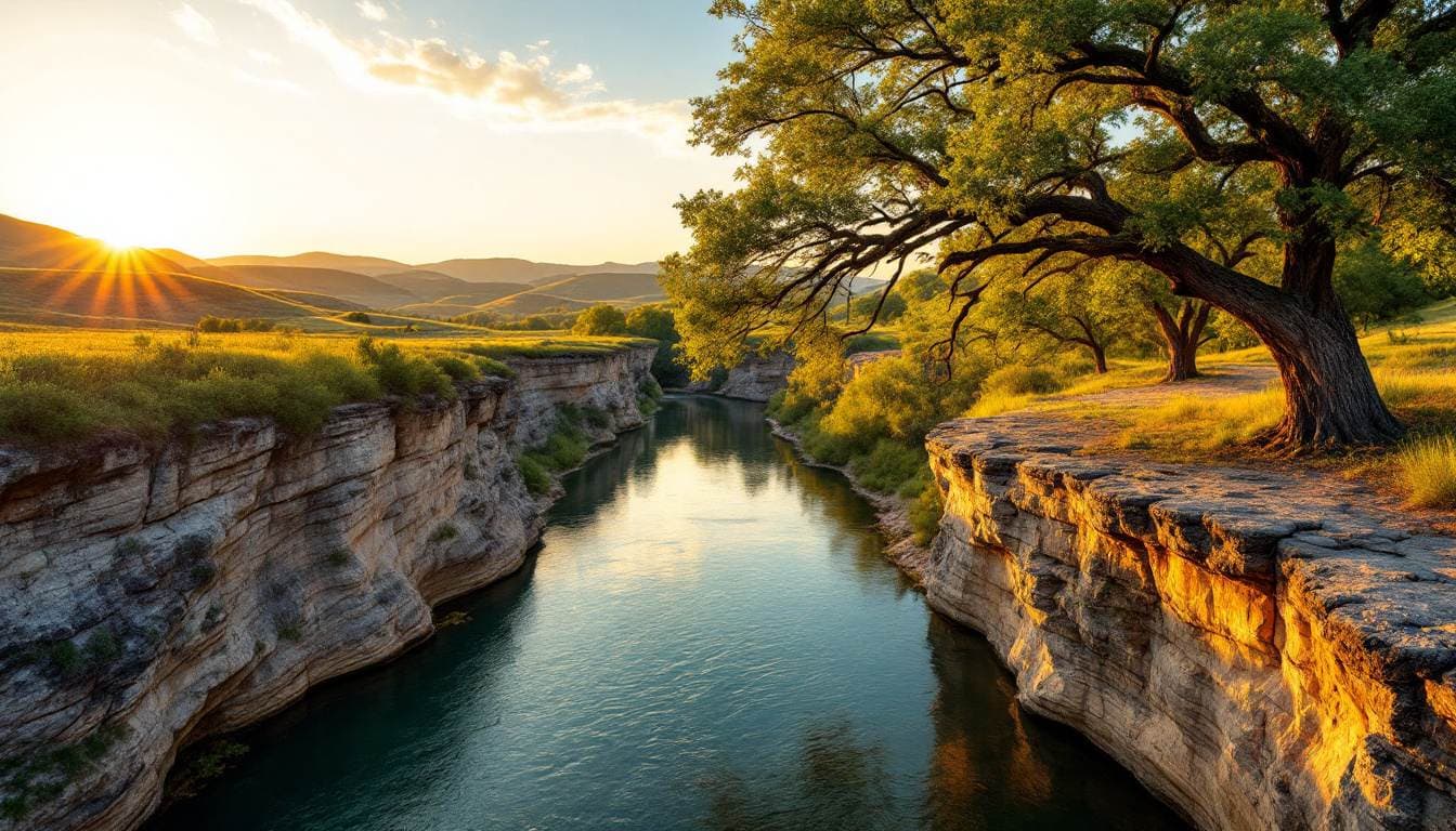 A clear green river between limestone ledges with a large oak tree at golden hour