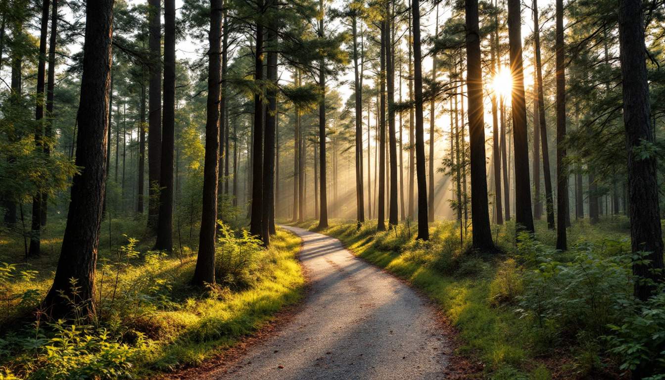 A wooded trail through tall pine and hardwood trees with soft morning light