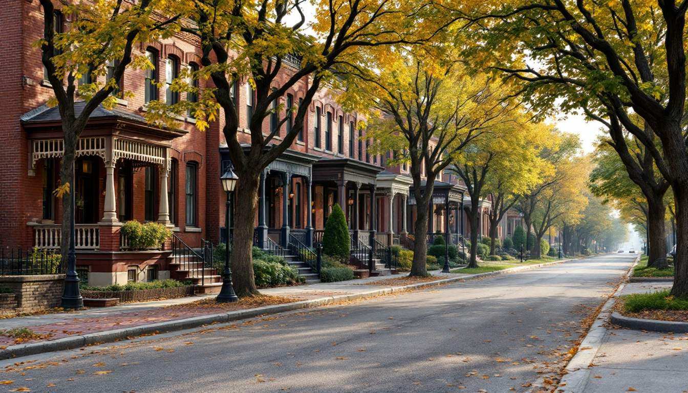 A neighborhood street of brick two-flat houses and mature trees in early autumn