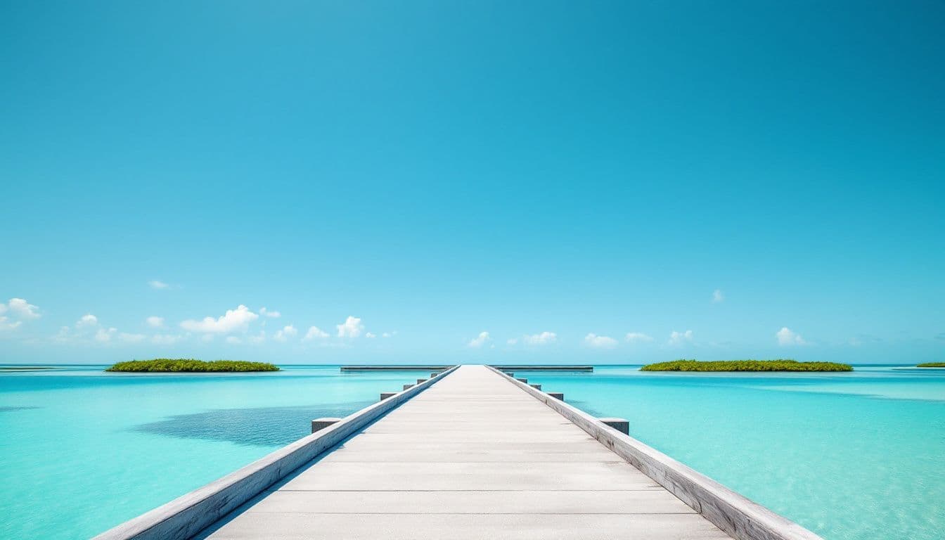 A long low concrete bridge over shallow turquoise water between small mangrove islands