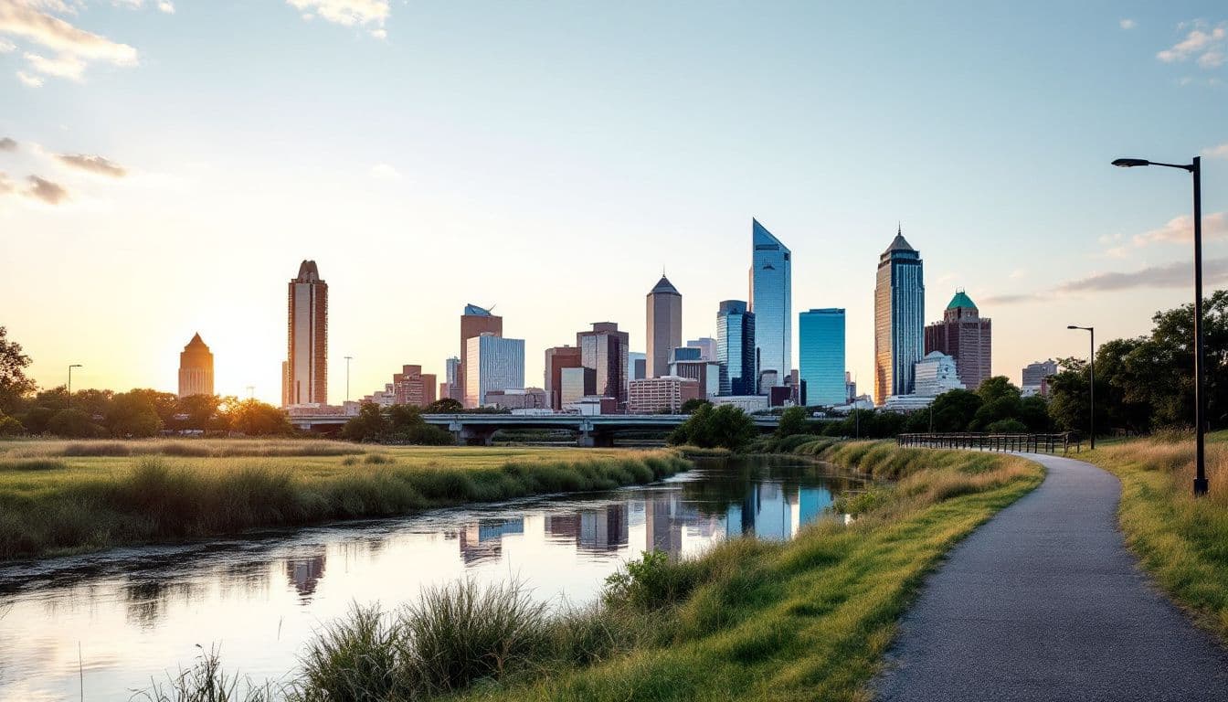 A downtown skyline beyond a riverside trail and grassy banks at sunrise