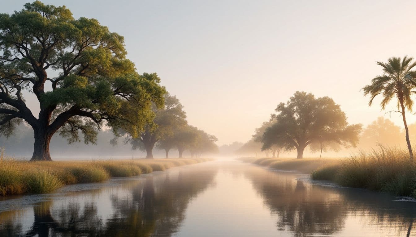 A still bayou lined with large live oak trees at dawn