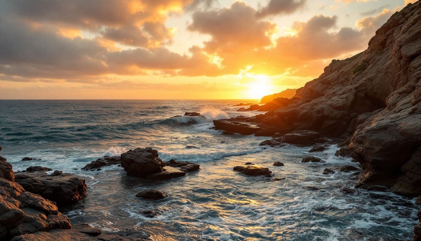Rocky sea cliffs at sunset with waves breaking over dark rocks