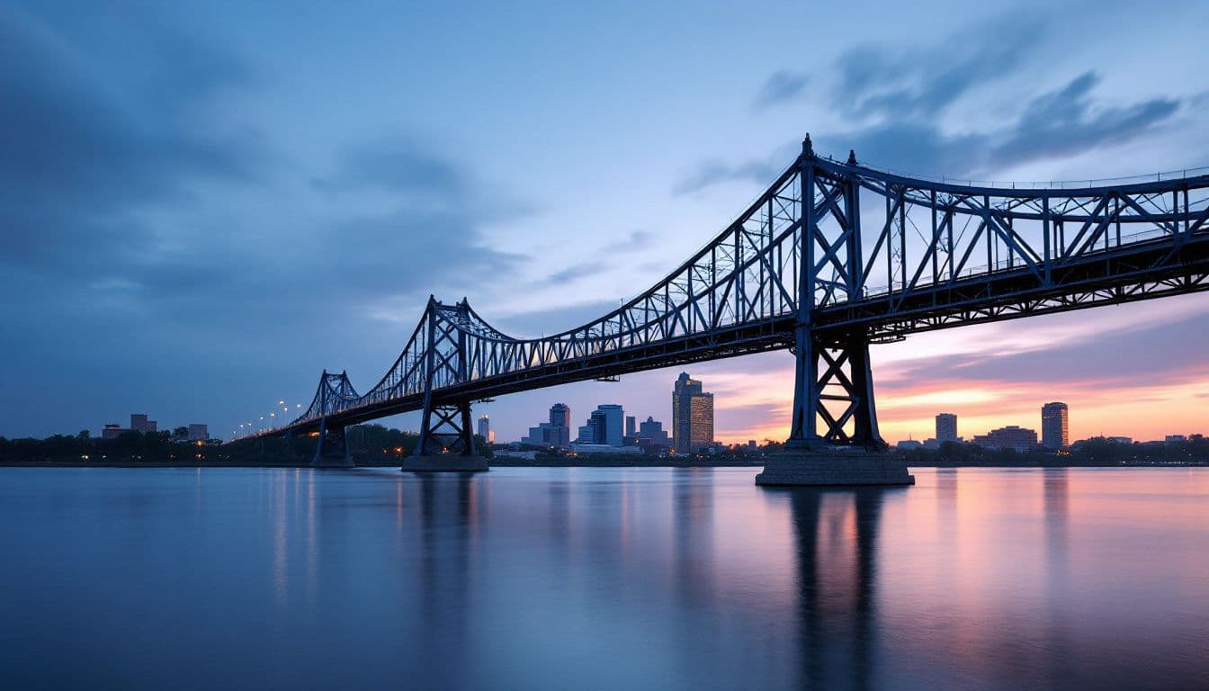 A wide river at sunrise with a tall steel bridge crossing toward a downtown skyline