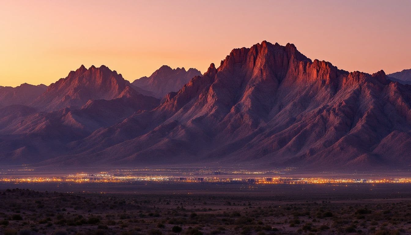 Rugged desert mountains above a valley city at sunset