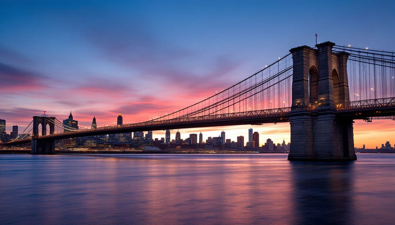 A steel suspension bridge with stone towers over a wide river at dusk