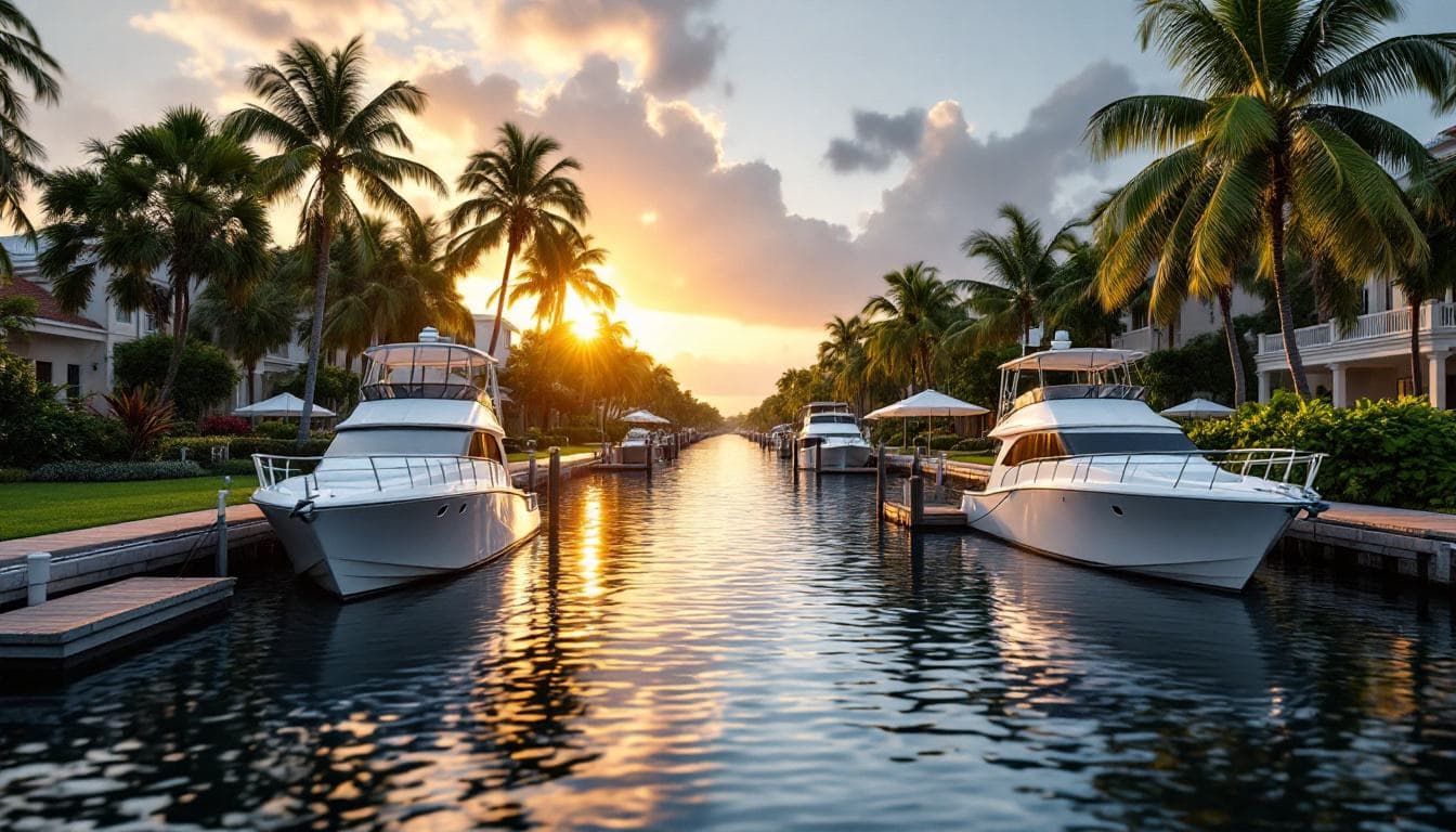 A calm canal at sunrise lined with palm trees and tropical gardens, with two white boats at wooden docks