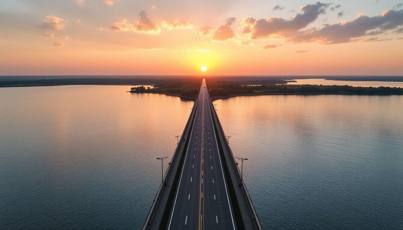 A long highway causeway crossing a calm lake toward the sunrise