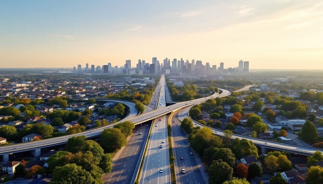 Aerial view of a freeway interchange and suburbs leading to a downtown skyline in late afternoon light