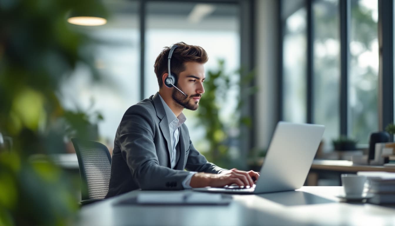 A sales representative wearing a wireless headset working at a laptop in an open-plan office