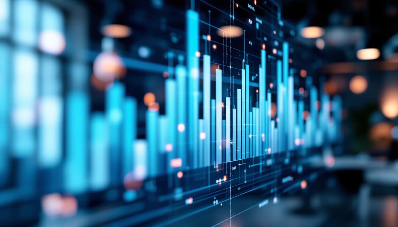 Abstract out-of-focus analytics display showing glowing blue and teal bar shapes in a dark office