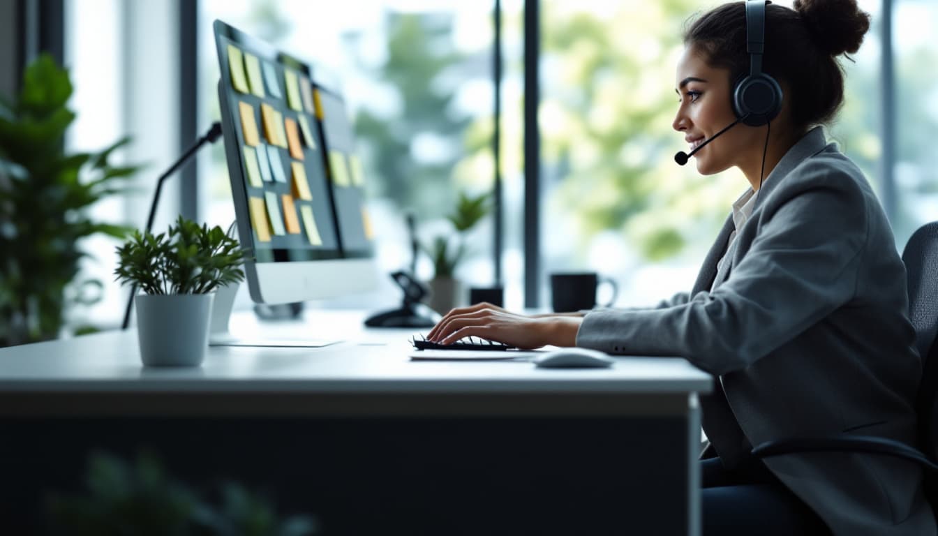 Front desk coordinator wearing a headset typing notes after a phone call in a bright office