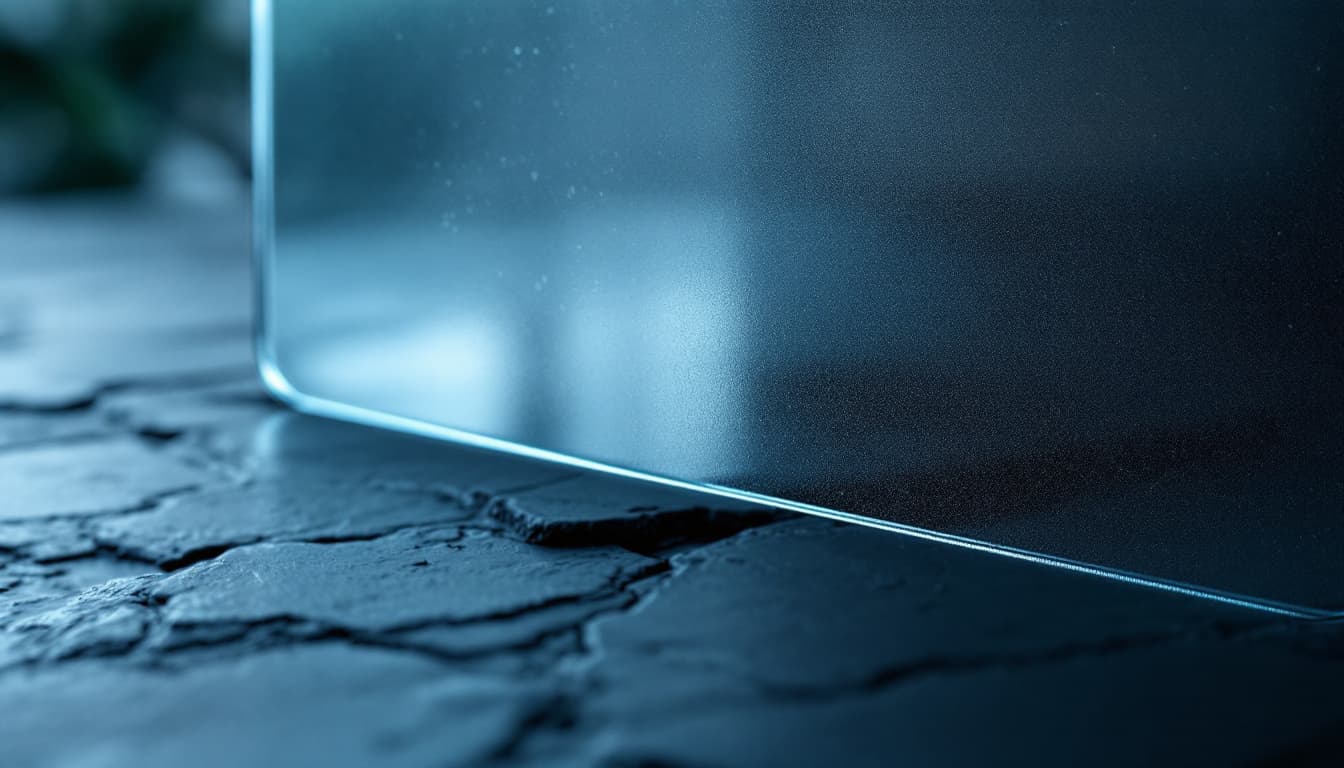 Frosted privacy glass with a blurred smartphone silhouette behind it, lit dramatically in cool blue tones