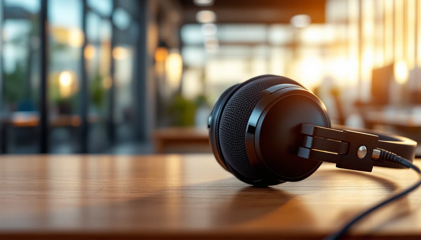 Close macro shot of a professional headset microphone boom resting on a wooden desk with a blurred open-plan office behind