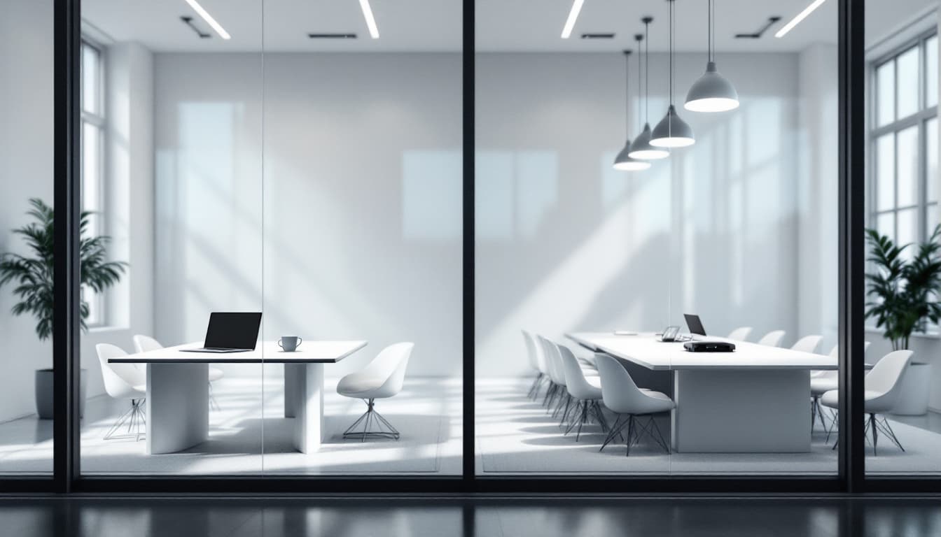 Two glass-walled conference rooms photographed side by side, one with a small table and one with a large boardroom table