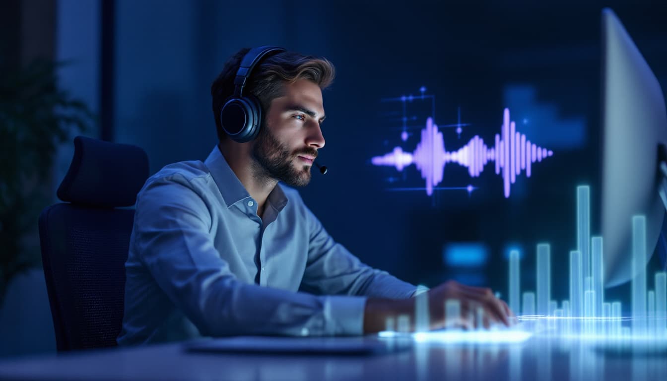 Sales manager with headphones reviewing a recorded customer call at a desk