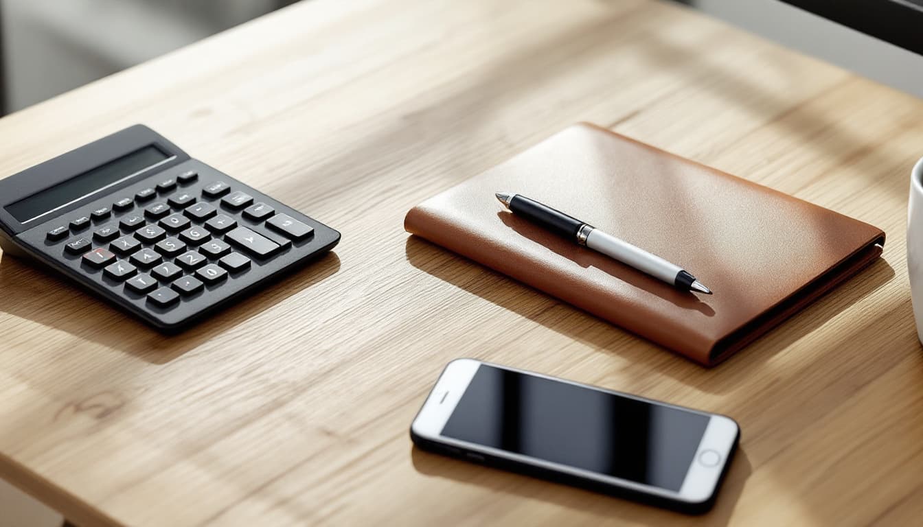 Calculator, smartphone, notebook and coffee mug on a wooden office desk in soft window light