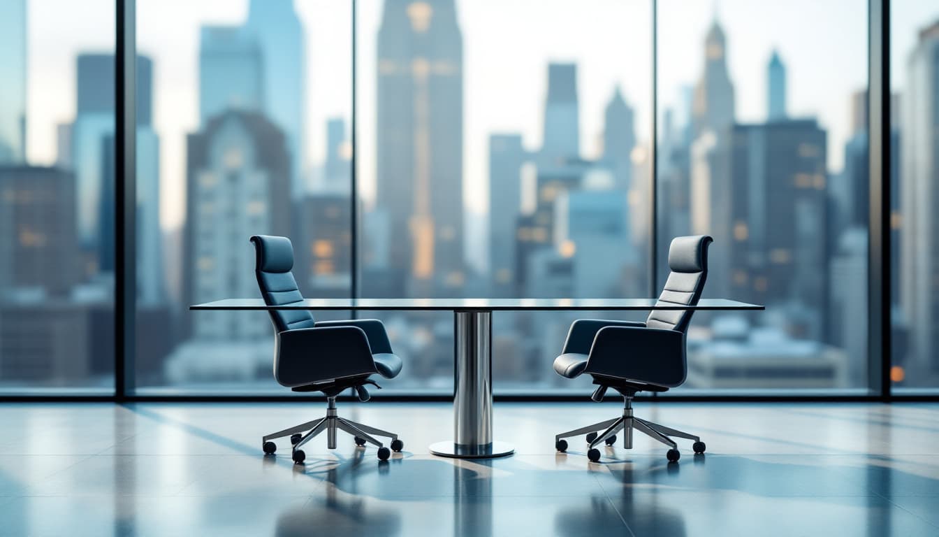 Two office chairs facing each other across a glass table in an empty glass-walled meeting room with a city skyline behind