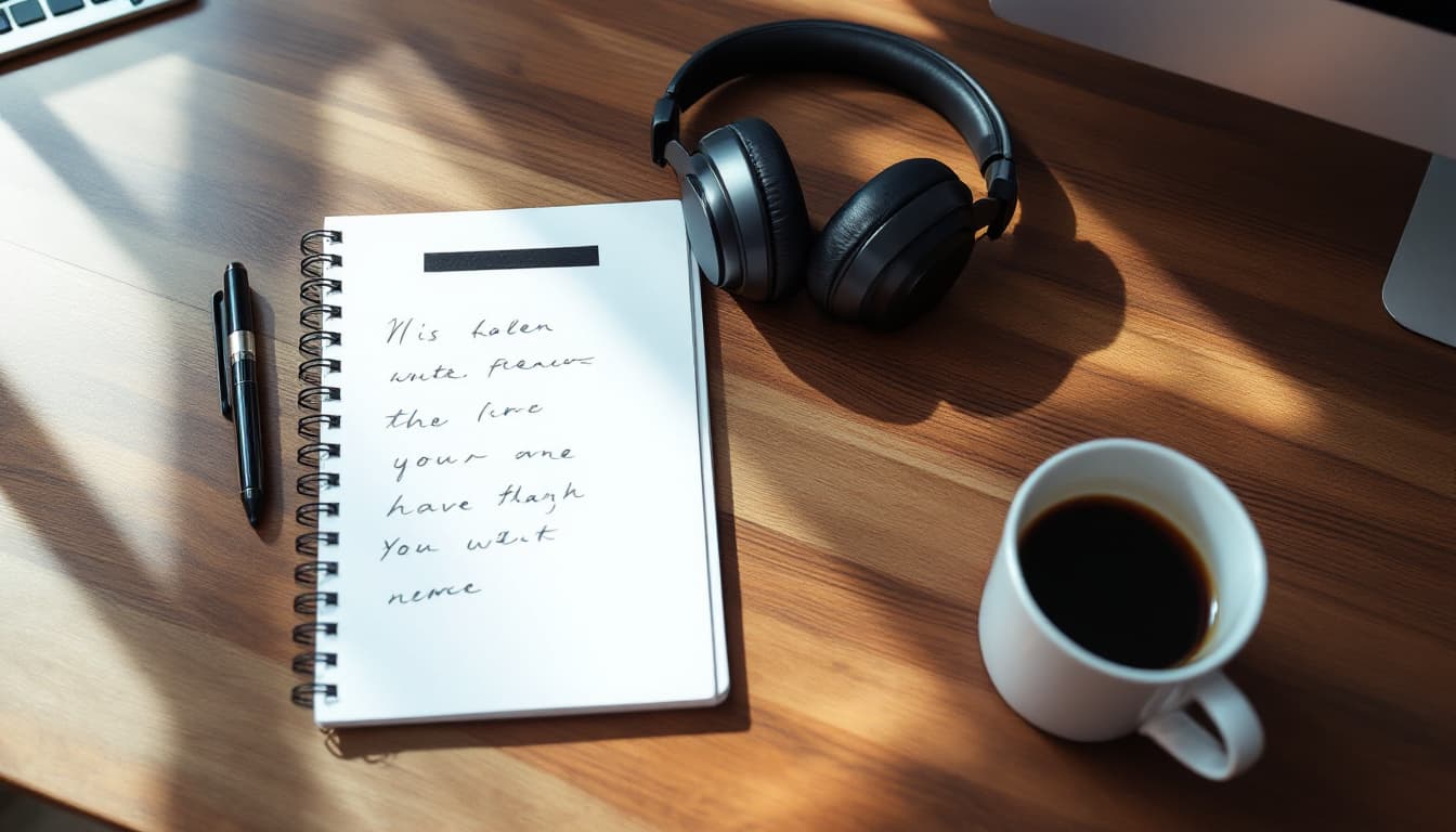 Overhead view of a desk with a wireless headset, calculator, notepad and coffee representing outbound calling cost planning