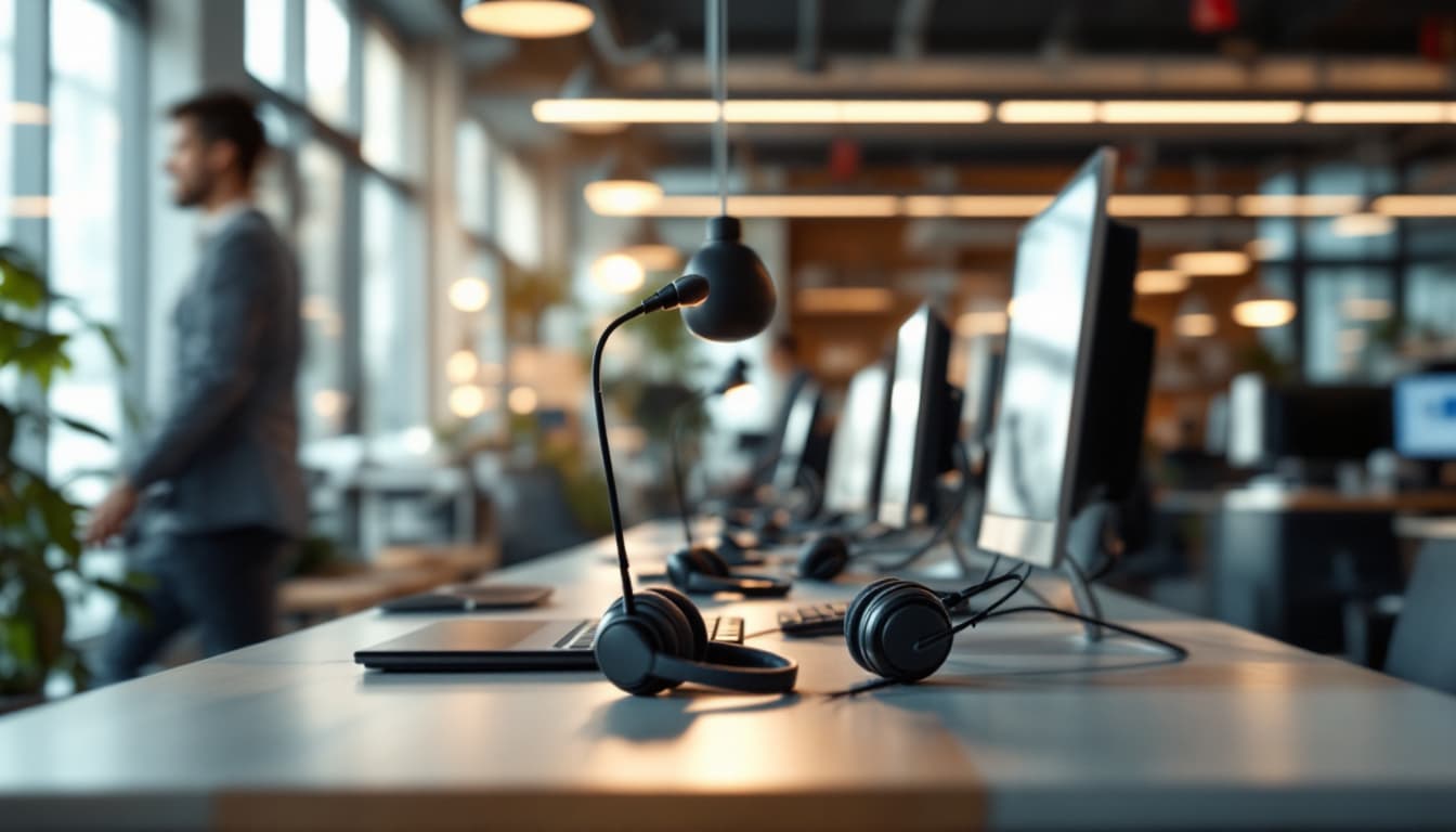 A receding row of empty sales-floor workstations with headsets resting on each desk in warm overhead light