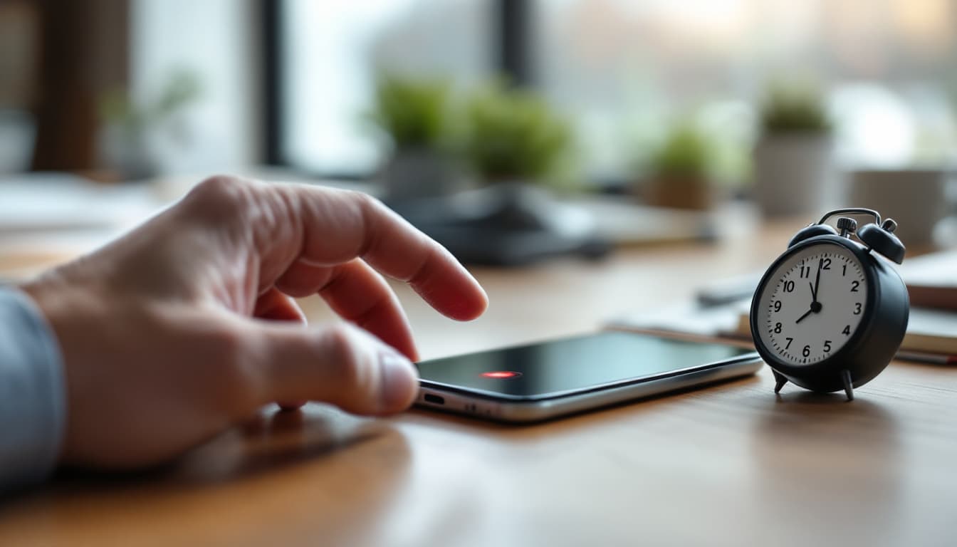 Hand reaching for a ringing smartphone on a desk beside a stopwatch