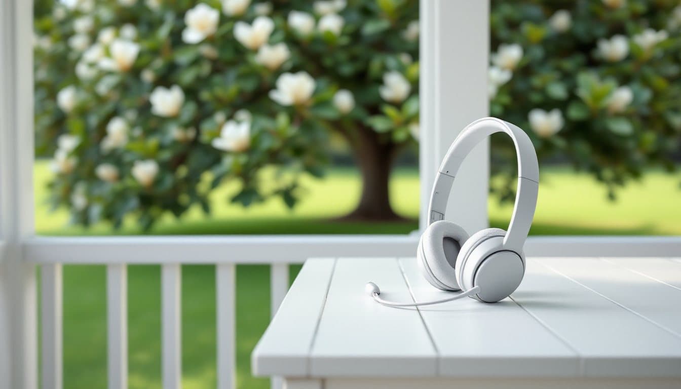 A white headset on a porch table with a flowering magnolia tree on the lawn beyond the railing