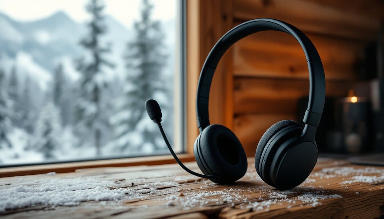 A headset on a log desk in a cabin with snowy mountains and spruce trees outside the window