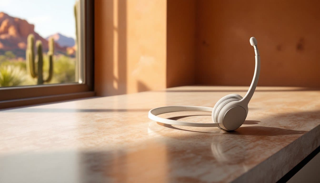A headset on an adobe counter with saguaro cactus and red hills outside the window
