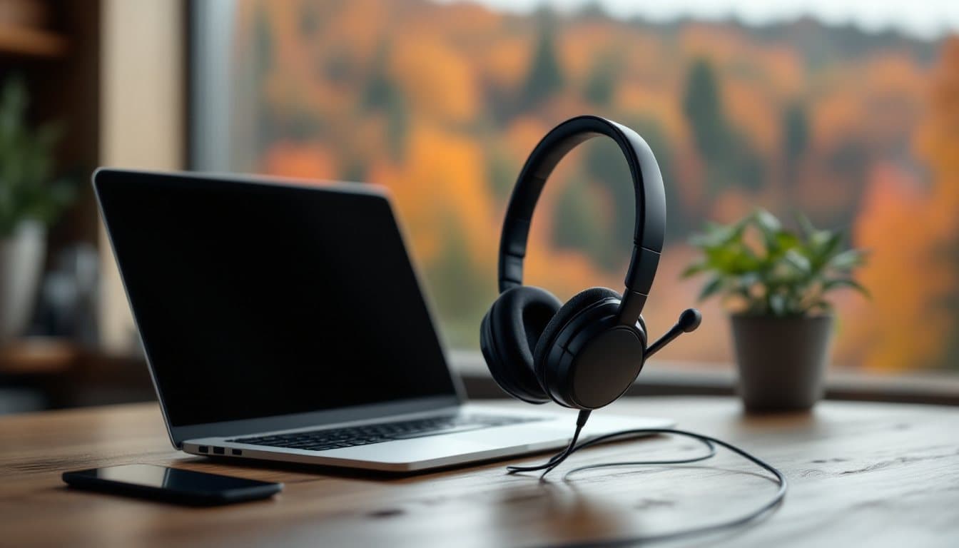 A headset on an oak desk with forested hills in autumn color outside the window