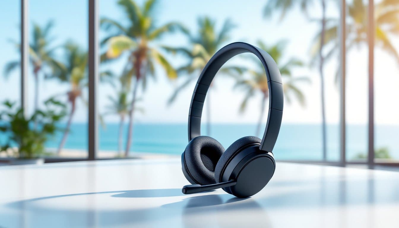 A headset on a white desk with palm trees and the ocean outside a large window