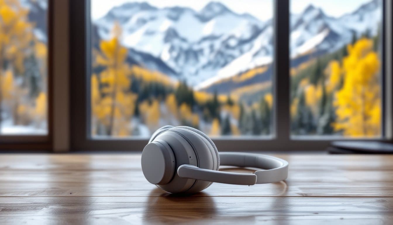A headset on a pine desk with snowy mountain peaks and yellow aspens outside the window